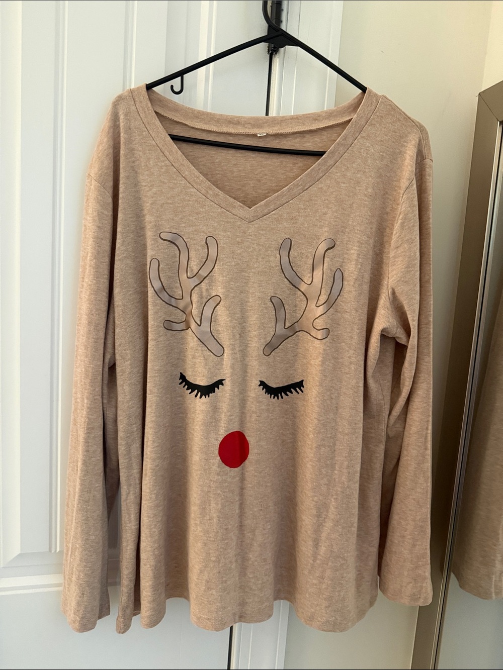 Beige Reindeer Face V‑Neck Long Sleeve Top with Red Nose